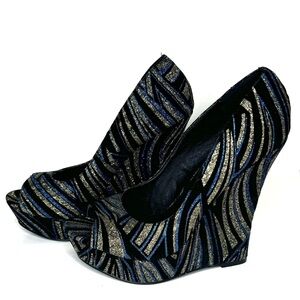 Shoedazzle Women’s High Heel Wedge Women’s 7.5 Blue Black Shimmer Glitter